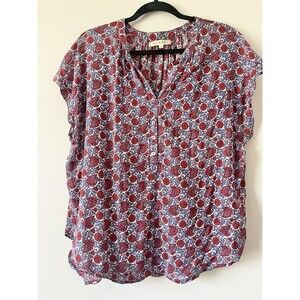 XíRENA 100% Cotton Floral Paisley Print Popover Blouse Red Purple White L